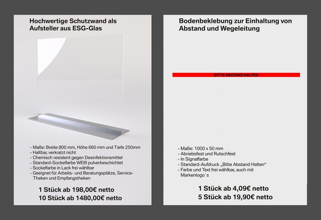 Hochwertige Schutzwände und Bodenbeklebungen zur Einhaltung der Abstands- und Sicherheitsbestimmungen in der Coronazeit